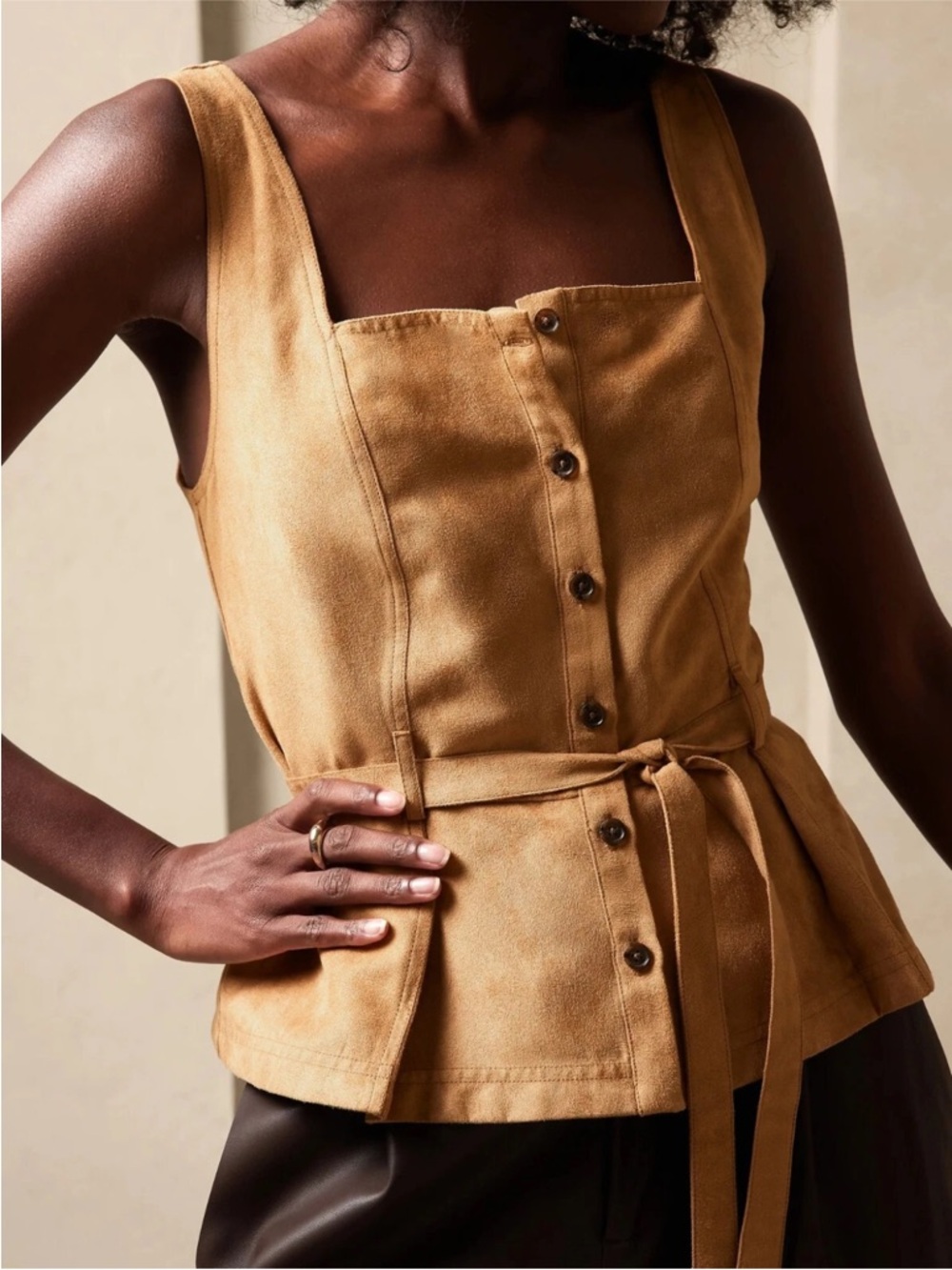 Banana Republic Factory Dark Camel Vegan Suede Peplum Top Vest Tie Waist